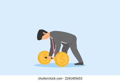 work hard for money in hard situation. businessman trying to lift money symbolized by a barbell. businessman who experiences income difficulties in times of crisis and recession