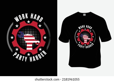 Arbeiten Sie hart Party härter, Happy Labour Day T-Shirt Design, Bereit zum Drucken für Bekleidung, Poster und Illustration. Modernes, einfaches, Buchstabieren.