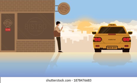 Trabajar duro jugar más duro concepto. Las personas de oficina usan aplicaciones de smartphone para el transporte público de taxis solo en la madrugada del amanecer. Después de la fiesta de viernes por la noche hasta la mañana en el café bistró cerrado.