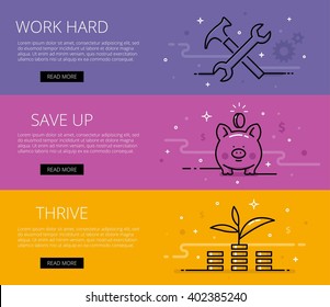 Work hard. Save Up. Thrive. Web banners vector set. Hammer and wrench, cogs, piggy bank, money pile and money sprout. Design set of graphic outline banners illustration