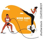 Work Hard Stay Fit Concept With Faceless Young Ladies Doing Exercise Against White And Orange Background.