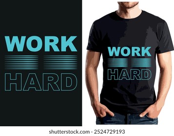 "WORK HARD" T-Shirt-Design mit fett, aquablau Text mit einer schlanken, modernen Schriftart. Das Design ist mit horizontalen Linien, die ein Gefühl für Bewegung und Energie.