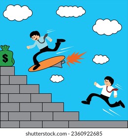 Trabajar duro frente a trabajar de manera inteligente. Ilustración vectorial caricatura gráfica del hombre de negocios agarra un dinero usando jet board. Adecuado para artículos de negocios y financieros