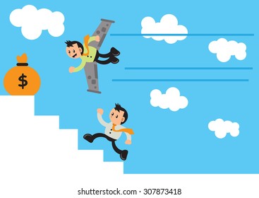 Work Hard vs Work Smart. Illustration vector graphic cartoon character of businessman grab a money using jet pack. Suitable for business and finance articles.