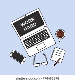 Work hard. Working area with laptop, phone, coffee, note, and glasses.