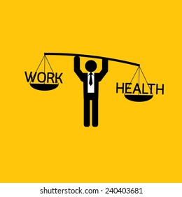 Work and health icon: businessman carry health more than work  : business concept on yellow background vector