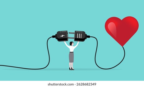 trabalhar com coragem, paixão pelo trabalho, mentalidade ou atitude para trabalhar de acordo com nossos talentos e interesses, homem de negócios conecta plug com coração para conceito de tomada de energia ilustração vetor