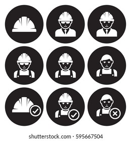 Work helmet icons. Man in helmet. White on a black background