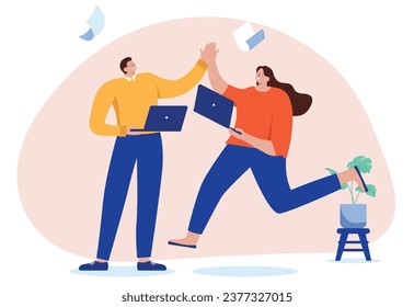 Work high five - Two happy businesspeople having a cool and awesome time at work, clapping hands together in celebration and positive attitude. Flat design vector illustration with white background