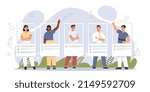 Work Hiring Concept. Young men and women send out resumes and look for vacancies to get job. Professional employees or human resources. Best candidate for position. Cartoon flat vector illustration