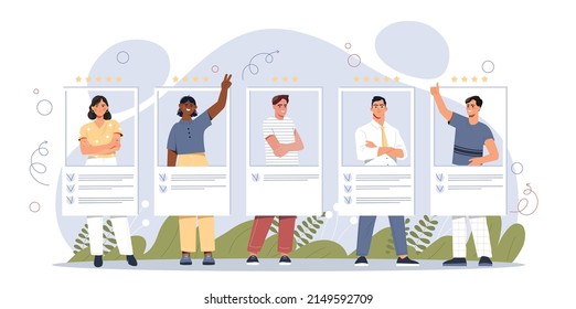 Work Hiring Concept. Young men and women send out resumes and look for vacancies to get job. Professional employees or human resources. Best candidate for position. Cartoon flat vector illustration svg