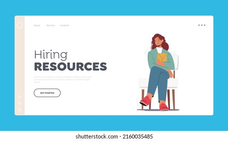 Work Hiring, Human Resources Concept for Landing Page Template. Hr Recruitment Concept. Candidate Woman with Cv in Hand Sitting on Chair Waiting Job Interview. Cartoon Vector Illustration