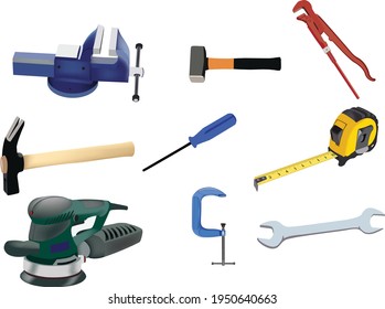 work and hobby activities vise, electric planer, hammer, wrench, meter, screwdriver, mallet,