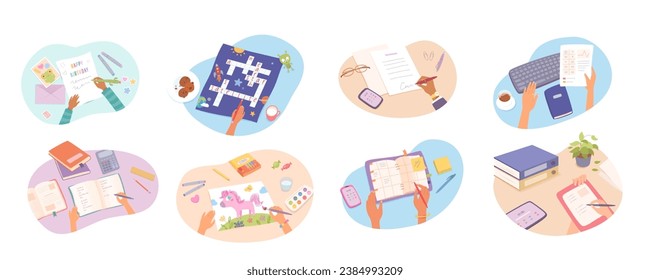 Work and hobby activity of people at table set vector illustration. Cartoon isolated top view of desks with stationary, books and paper documents, hands of kids and adults holding pen, brush or pencil