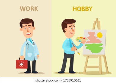 Trabajo y pasatiempo. Un doctor después del trabajo dibuja fotos en lienzo. Relajación después del trabajo, artista aficionado, hobbista. Ilustración vectorial, diseño plano, estilo de dibujos animados, fondo aislado.