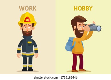 Work and hobby. The man works as a firefighter, after work he is fond of photography and travel. Enjoy of life. Vector illustration, flat design, cartoon style, isolated background.