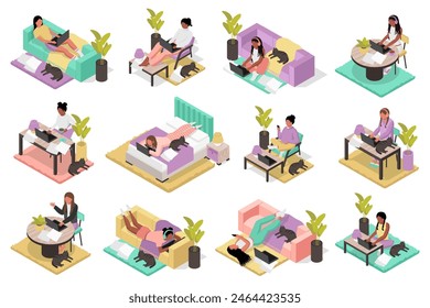 Work from home 3d isometric mega set. Collection flat isometry elements of people working at laptop online and sitting armchair or office desk and lying sofa or bed at home. Vector illustration.