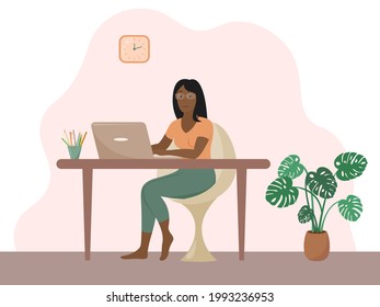 Work at home. African american woman working or studying with laptop remotely. Home office concept. Vector flat illustration.