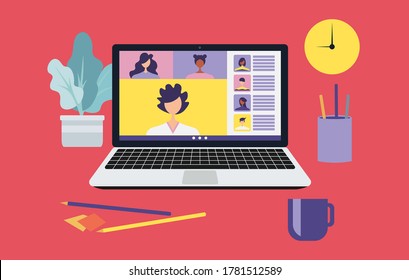 Work from home and work from anywhere concept, people connecting together, video conference remote working on laptop computer, learning or meeting online with teleconference, flat vector illustration