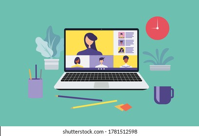 Work from home and work from anywhere concept, people connecting together, video conference remote working on laptop computer, learning or meeting online with teleconference, flat vector illustration