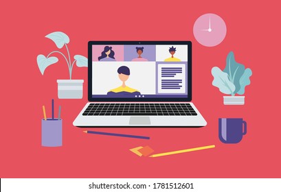 Work from home and work from anywhere concept, people connecting together, video conference remote working on laptop computer, learning or meeting online with teleconference, flat vector illustration