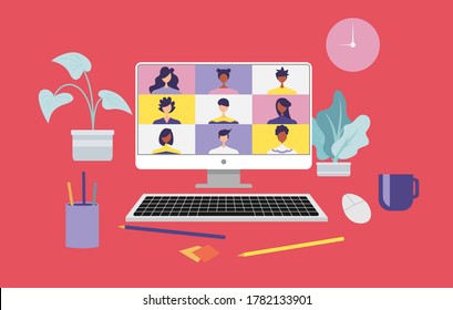 Work from home and work from anywhere concept, people connecting together, video conference remote working on laptop computer, learning or meeting online with teleconference, flat vector illustration