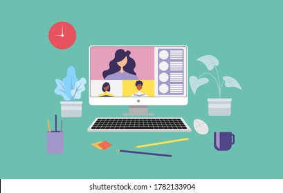 Work from home and work from anywhere concept, people connecting together, video conference remote working on laptop computer, learning or meeting online with teleconference, flat vector illustration
