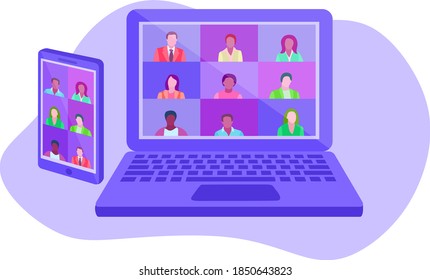 Work from home and work from anywhere concept. Remote working with a business meeting held via a video conference call. Teams joining via laptop and mobile phone. Vector isometric illustration