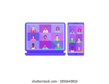 Work from home and work from anywhere concept. Remote working with a business meeting held via a video conference call. Teams joining via laptop and mobile phone. vector flat illustration