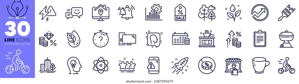 Paquete de iconos de línea de trabajo en casa, Atom y Clipboard. Auditoría, Prueba, icono web de la Campana. Cupón de venta, Salud mental, pictograma de taza de té. Vegetación de plantas, calendario, sin efectivo. Feliz emoción, cafetería, Grill. Vector