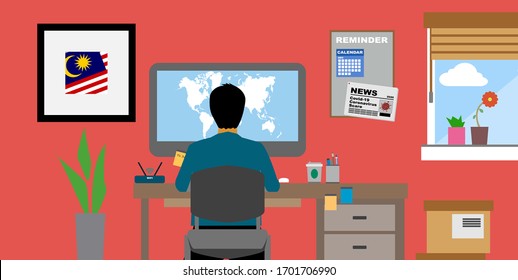 Work From Home. Back of head view. Home office interior. Vector