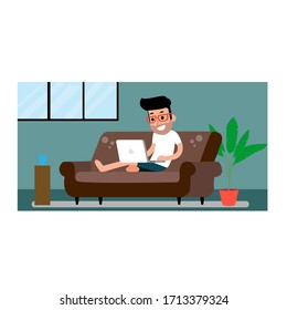 Work from home background illustration. a man sitting and working on living room illustration.