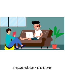 Work from home background illustration. Two man sitting and working in the living room illustration.