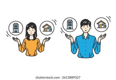Work and Home Balance – Company vs. House. A person weighing work and home, symbolizing life balance. Great for content on work reform, family priorities, and lifestyle harmony.