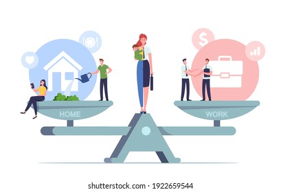 Work and Home Balance Concept. Tiny Characters Balancing on Huge Scales with Basic Values. Woman Separated on Two Halves as Housewife with Child and Businesswoman. Cartoon People Vector Illustration