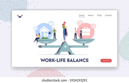 Work And Home Balance Landing Page Template. Characters Balancing On Scales With Life Values. Woman Separated On Halves As Housewife With Child And Businesswoman. Cartoon People Vector Illustration