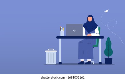 Work from home banner concept. Muslim woman sitting on the chair and working with her laptop. 