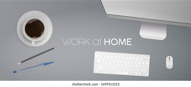 Work at home banner. Flat lay, top view office desk with laptop. Notebook, coffee, pencil, pen. Realistic vector illustration.