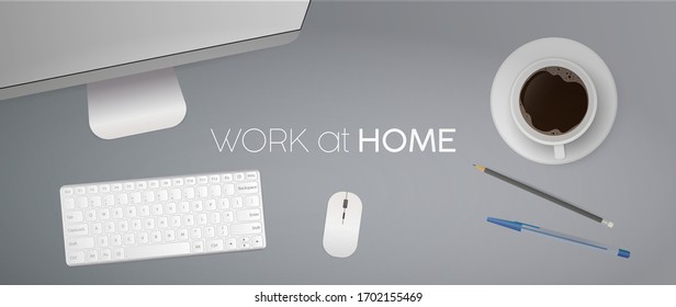 Work at home banner. Flat lay, top view office desk with computer. Coffee, pencil, pen, keyboard, computer mouse, monitor. Realistic vector illustration.