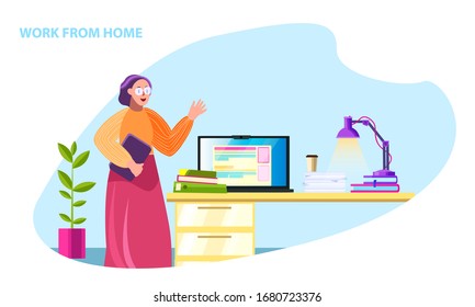 Work from home banner in flat style with young female character, laptop, books, plant, lamp, table and papers. Home office concept with woman in glasses. Freelance composition in trendy colors