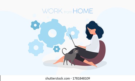 Work from home banner. The girl sits on an ottoman and works at a laptop. A woman with a laptop sits on a large pouf. Comfortable work at home concept. Vector.