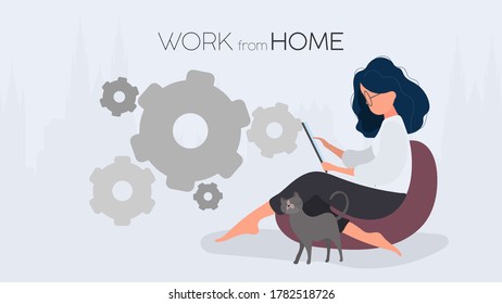 Work from home banner. The girl sits on an ottoman and works at the tablet. A woman with a tablet is sitting on a large pouf. Comfortable work at home concept. Vector.