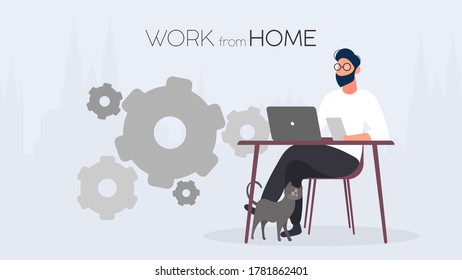Work from home banner. The guy sits at the table and works at the laptop. A man with a laptop sits at the table. Comfortable work at home concept. Vector.