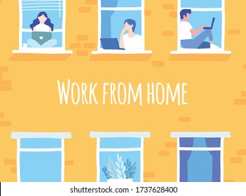 Work from home banner. People working from home on laptops in windows of apartment. Hand drawn vector illustration.