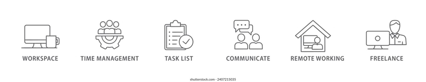 Work from home banner web icon vector illustration concept of wfh with icon of workspace, time management, task list, communicate, remote working and freelance