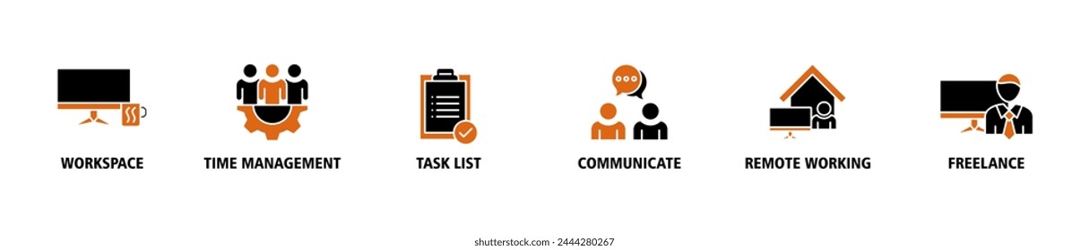 Ilustración vectorial de icono web de banner de trabajo desde casa concepto de wfh con icono de espacio de trabajo, gestión del tiempo, lista de tareas, comunicarse, trabajo remoto y freelance