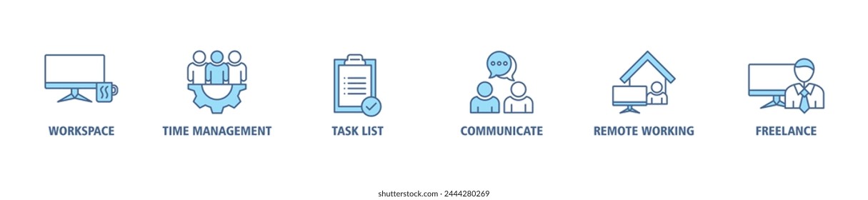 Work from home banner web icon vector illustration concept of wfh with icon of workspace, time management, task list, communicate, remote working and freelance