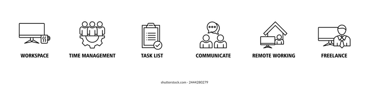 Work from home banner web icon vector illustration concept of wfh with icon of workspace, time management, task list, communicate, remote working and freelance