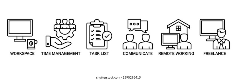 Work from home banner web icon set vector illustration concept of wfh with icon of workspace, time management, task list, communicate, remote working and freelance icons. Outline symbol background.