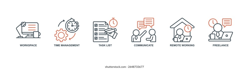trabalho a partir de casa banner web ícone definir vetor ilustração conceito com ícone de espaço de trabalho, gerenciamento de tempo, lista de tarefas, comunicar, trabalho remoto, freelance